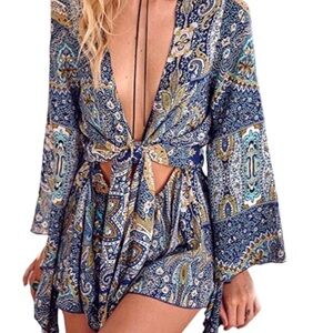 Paisley Print Boho Whimsy Cut Out Romper W Flowy Bell Sleeves
